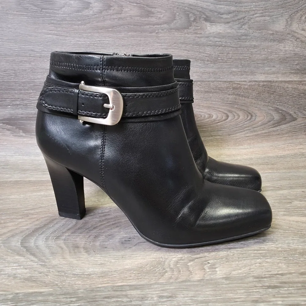Franco Sarto Booties Womens‎ 7M Black Square Toe Buckle Ankle Heeled Moto Biker